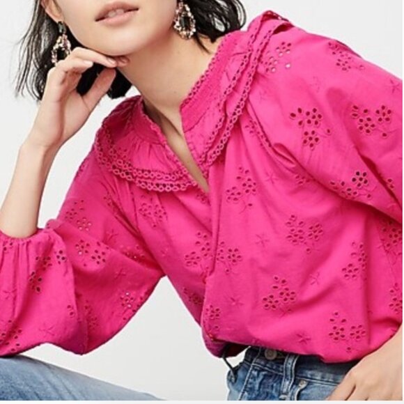 J. Crew Tops - J Crew Button-front eyelet peasant top Fuchsia Blouse Eyelet Trim S hot pink